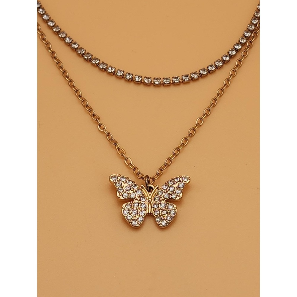 CLAIRE'S Signed Layered Butterfly Rhinestone Necklace Gold Tone FREE $HIP! 20"